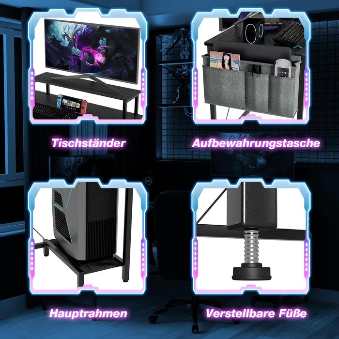 Геймерський стіл Supfine L-подібної форми з кронштейном для монітора, текстура з вуглецевого волокна, кутовий стіл з розетками та USB-портами, відділенням для зберігання речей (чорний)