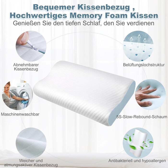 Подушка для шиї - ергономічна подушка з піни з ефектом пам&39яті для полегшення болю в шиї, подушка для підтримки шиї зі знімною наволочкою, для сну на боці, спині та животі, 63*34*12/9 см, біла