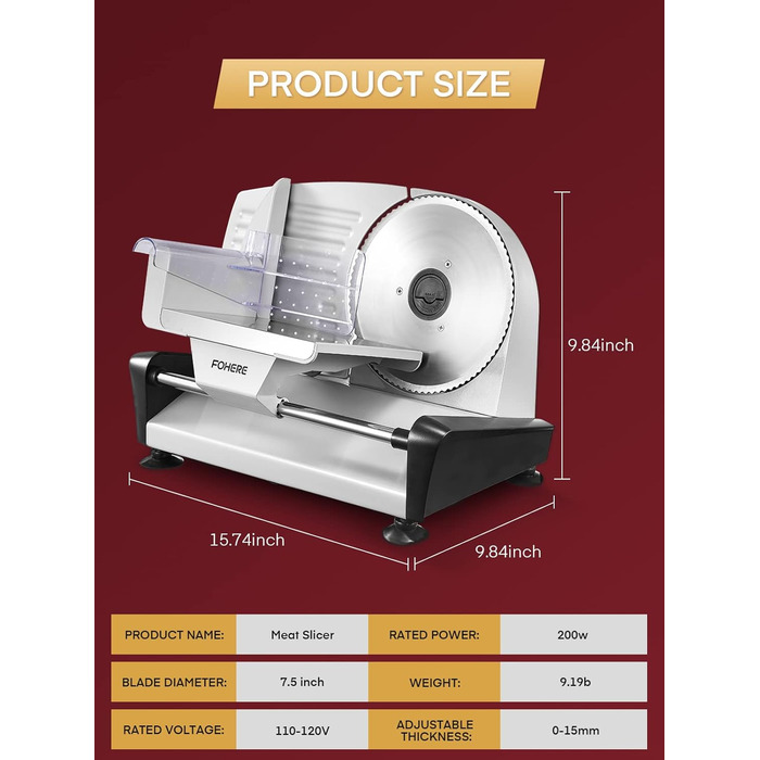 Електричний нарізувач їжі FOHERE, нарізка для хліба з регульованою товщиною різання (0-15 мм), нарізка ковбаси 200 Вт, круглий ніж з нержавіючої сталі 2*19 см, нарізка шинки, захисний кожух срібло