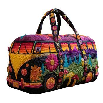Дорожня сумка TIAASTAP Hippie Van VW Bulli - барвиста богемна стьобана сумка для вихідних зі знаком миру та ромашками, стьобана дорожня сумка, сумка для кемпінгу для свят, карнавалу та вечірок 3