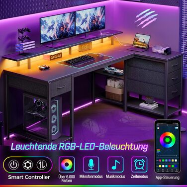 Письмовий стіл Rolanstar з 4 шухлядами та 3 полицями, комп&39ютерний стіл з розетками та світлодіодним освітленням, L-подібний ігровий стіл для спальні, вітальні, домашнього офісу, офісу (чорний, 140 см) Чорний 140 см