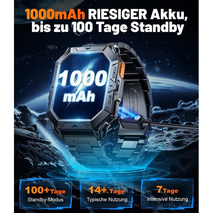 Чоловічий військовий смарт-годинник, 2.13-дюймовий AMOLED з 256 МБ, акумулятор 1000 мАг, барометр/альтиметр/компас, смарт-годинник з функцією телефону, понад 100 спортивних режимів, фітнес-трекер, водонепроникність 10 атм для Android та iOS TX1-EC