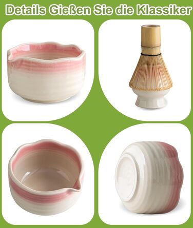 Набір для матча JBER Рожевий Градієнт бамбуковий вінчик (часен), чаша для матча з носиком, підставка для вінчика, ситечко, ложка та підставка, японський набір для поціновувачів матча