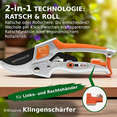 Садові ножиці Ratchet 2.0 з заточкою, включаючи послугу заточування, гібридна тріскачка з ковадлом, з високоякісним лезом SK5, професійні садові інструменти секатор для гілок, ножиці для троянд, ножиці для рослин, ножиці для квітів