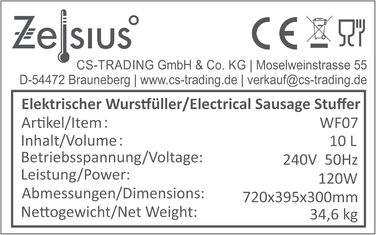 Електричний наповнювач для ковбаси Zelsius 10 л машина для наповнення ковбаси Електричний прес для ковбаси з нержавіючої сталі з ножною педаллю 4 шт. заливний носик 3 шт. змінна прокладка 10 літрів