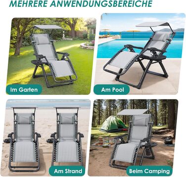 Складаний шезлонг з парасолькою, підголівником та тримачем для напоїв для саду, басейну та пляжу (сірий)