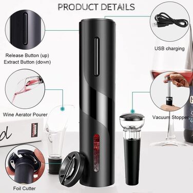 Електричний штопор, подарункова коробка 5-в-1 електрична відкривачка для винних пляшок з різаком для фольги, вакуумною пробкою та наливом вина, акумуляторна батарея USB темна