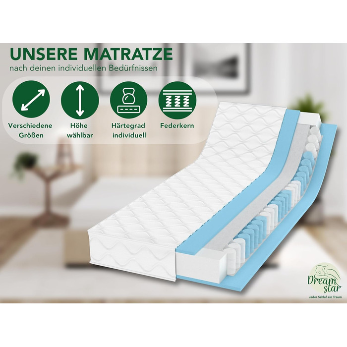 Матрац DREAMSTAR Ergo Flex Duo з пружинами Pocket Spring 140x200 см Ергономічний 7-зонний матрац Сертифіковано Oeko-Tex Рівні жорсткості H2 (0-80 кг) та H3 (80-100 кг) Гіпоалергенний та антибактеріальний Висота 17 см 140 x 200 см