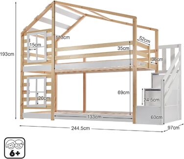 Дитяче ліжко Rtopsu двоярусне 90x200 см, ліжко-горище зі сходами та шухлядою для зберігання для 2 дітей, ліжко із захистом від вип