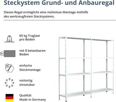 Система полиць SCHULTE з 2 x 4 полицями PowerMAX, вантажопідйомність 65 кг, 180x160x40 см (ВxШxГ), білий, полиця для зберігання, полиця для майстерні, полиця для підвалу, полиця для гаража, металева полиця