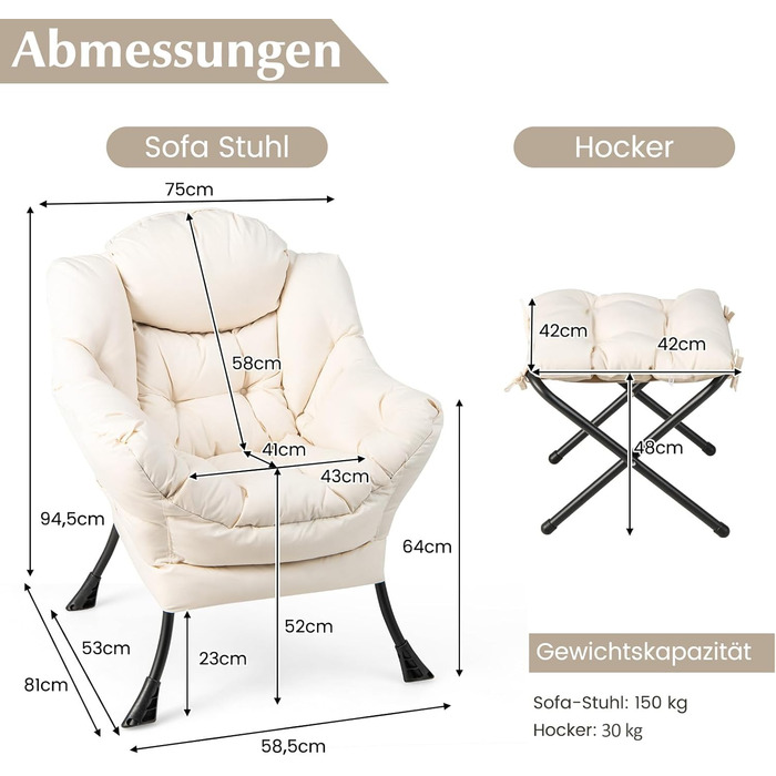 Крісло COSTWAY з підставкою для ніг, відкидне крісло з підлокітниками, бічною кишенею та підставкою для ніг, крісло для відпочинку, крісло для телевізора, крісло з відкидною спинкою для вітальні, спальні, офісу (бежевий) бежевий з підставкою для ніг