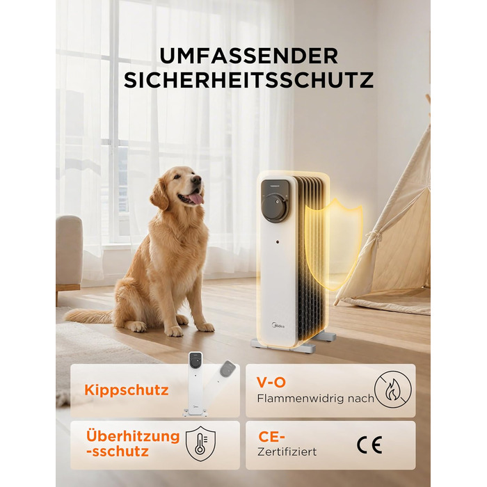 Масляний радіатор Midea, портативний електричний обігрівач потужністю 2000 Вт з 9 ребрами, поворотною ручкою керування та регульованим термостатом, 3 режими нагріву, захист від перекидання та перегріву, надзвичайно тихий для офісу та дому 9 ребер Поворотн