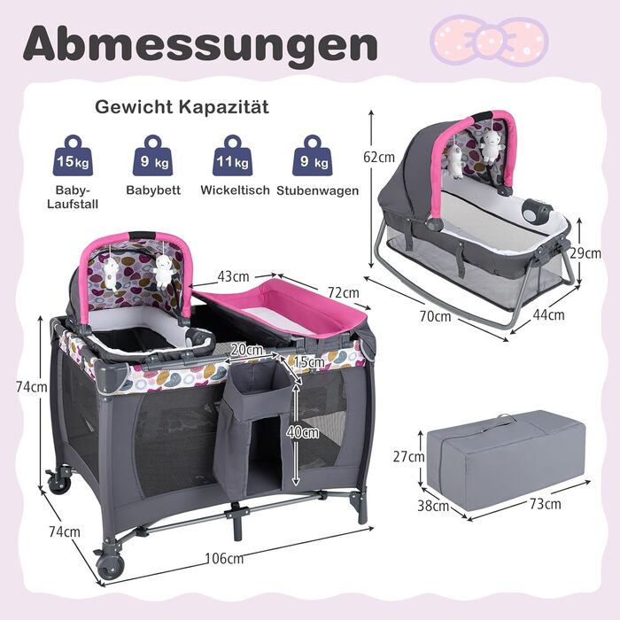 Дитяче ліжечко COSTWAY 5-в-1, дорожнє ліжечко з матрацом, дитяче дорожнє ліжечко, включаючи пеленальний килимок, дитячу колиску та музичний мобіль, колиску з колесами, дитяче ліжечко для немовлят до 36 місяців (рожева крапка) 106Д x 74Ш x 74В см рожевого 