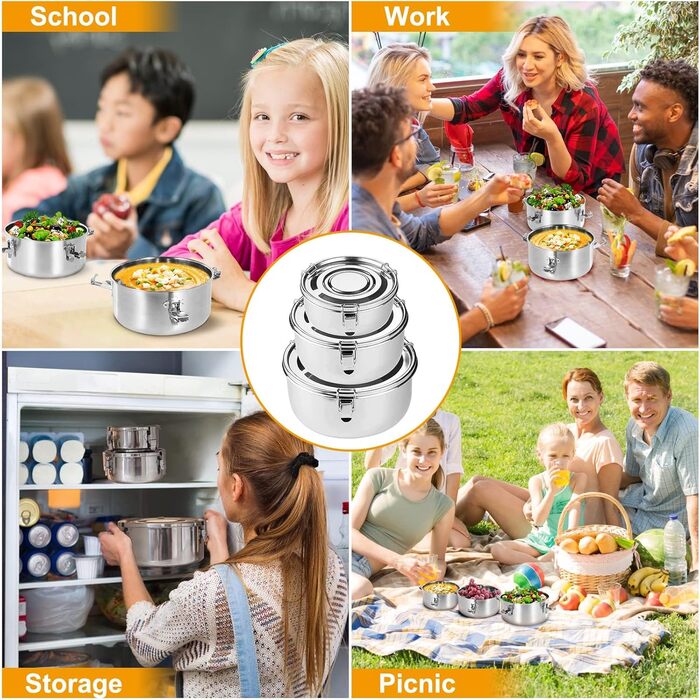 Контейнери з нержавіючої сталі з кришками, 3 шт., ланч-бокс з нержавіючої сталі 304, герметичний металевий контейнер, ідеально підходить для походів, обідів, залишків їжі, супів, салатів