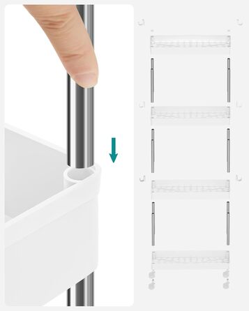 Візок, кухонний візок з 4 рівнями, кухонна полиця, полиця в нішу, з 6 гачками, поворотні колеса на 360, замикається, сталева рама,