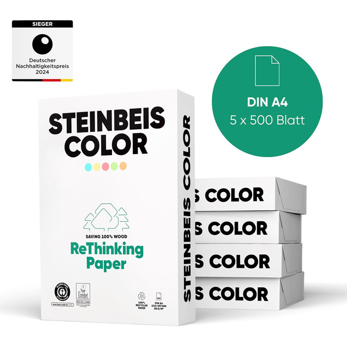 Копіювальний папір Steinbeis Color ReThinkingPaper перероблений папір формату DIN формату A4 80 г/м, папір для принтера ISO 20494, жовтий, 5 x 500 аркушів жовтий