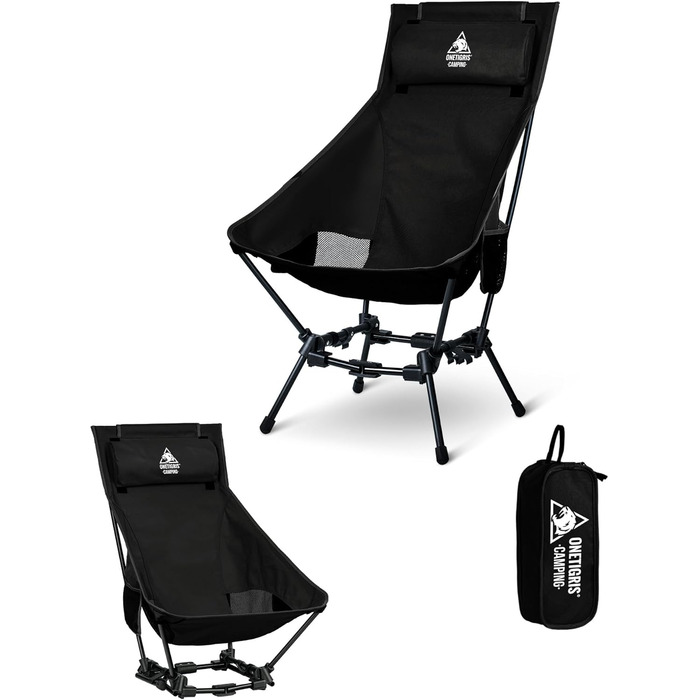 Крісло для кемпінгу OneTigris DRAGONHIDE, висока спинка, складне, вантажопідйомність 125 кг, легке складне кемпінгове крісло, складне рибальське крісло з 2 боковими кишенями, надлегке складне крісло для використання на свіжому повітрі, для походів, чорне