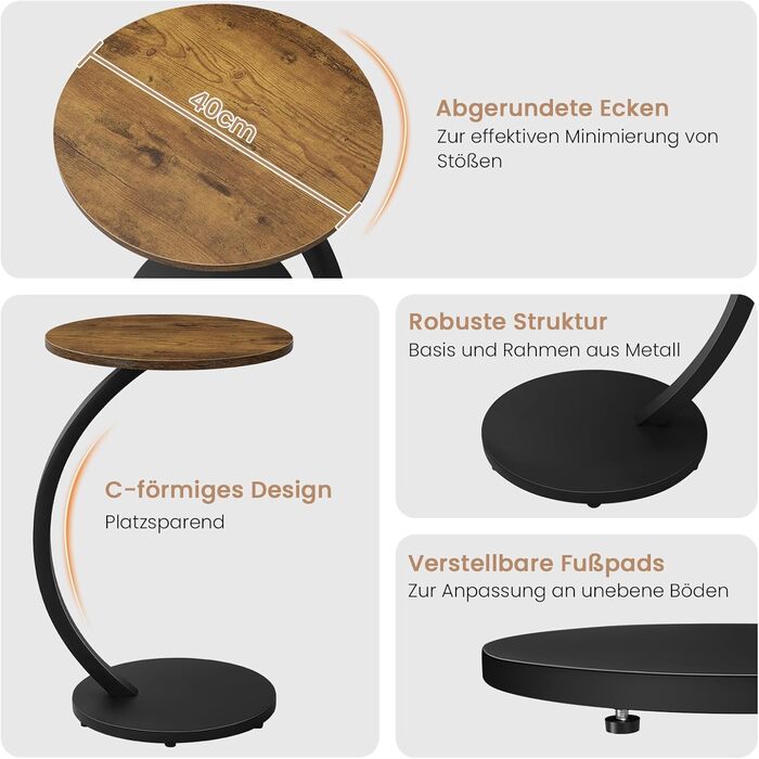 Журнальний столик WOLTU C-подібної форми, круглий журнальний столик, столик для дивана, маленький столик для дивана, ліжка, з металевим каркасом та стільницею з МДФ, індустріальний стиль, 40 x В 65 см, вінтажний вигляд дерева, BTS21hov