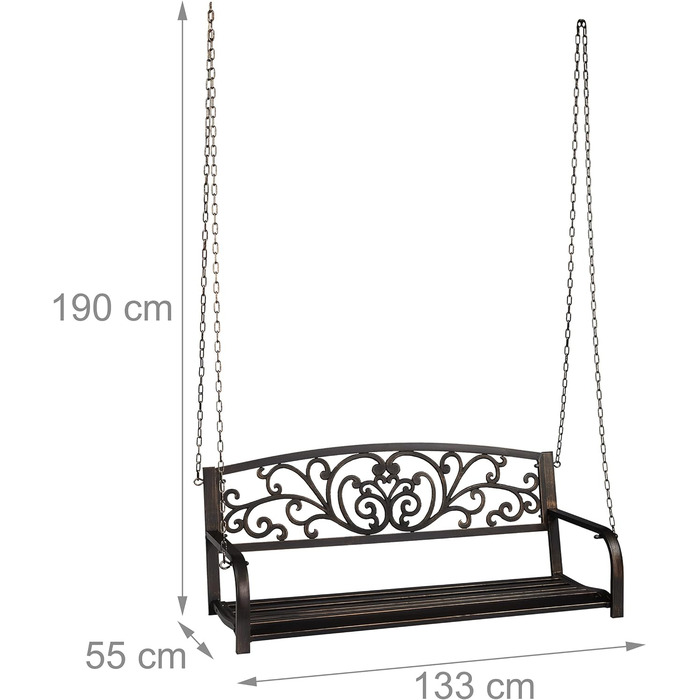 Лавка підвісна Relaxdays 190x133x55 см 2-місна з вінтажним дизайном для саду металева рама чорний-бронзовий