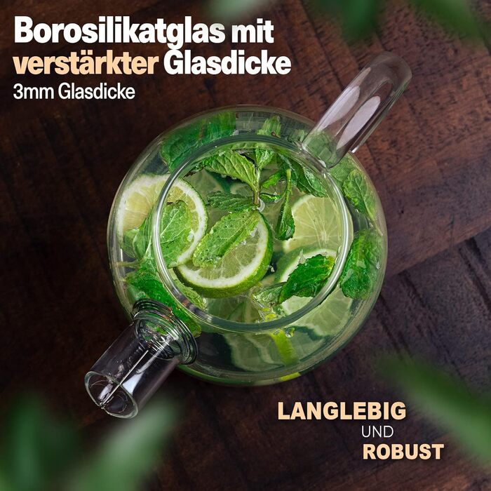 Чайник скляний з ситечком та підставкою для підігріву 1,6 літри, потовщене скло для кращої термоізоляції, термочайник для заварювання чаю, міцний чайник (1600 мл)