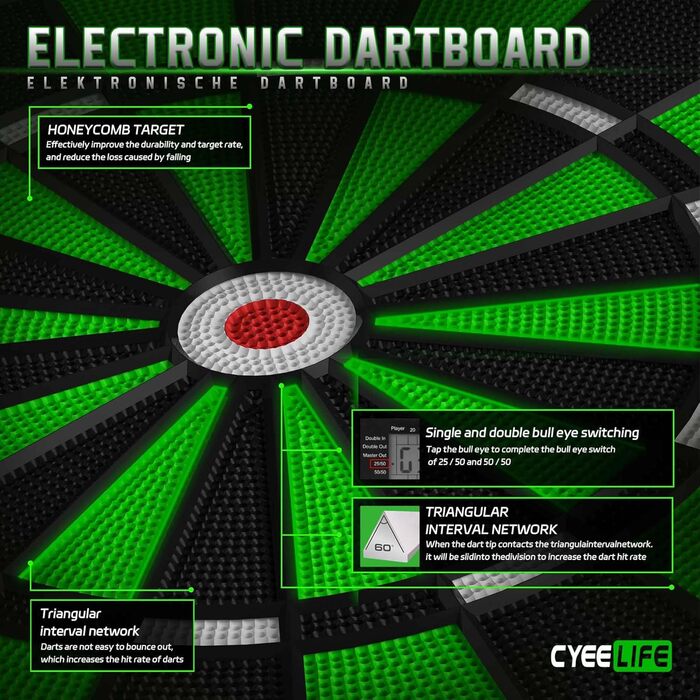 Електронна мішень для дартсу Cyeelife з німецьким голосом та РК-екраном включає 12 мяких дротиків, 24 крильця, 50 наконечників та USB-зарядний пристрій стандартна мішень для дартсу