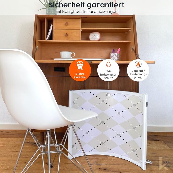 Інфрачервоний окремостоячий обігрівач Knighaus Інфрачервоний дуговий обігрівач - 300 Вт із сертифікацією TV/GS 5-річна гарантія виробника Ідеально підходить як настільний обігрівач Стійка підставка - Білий - 300 Вт