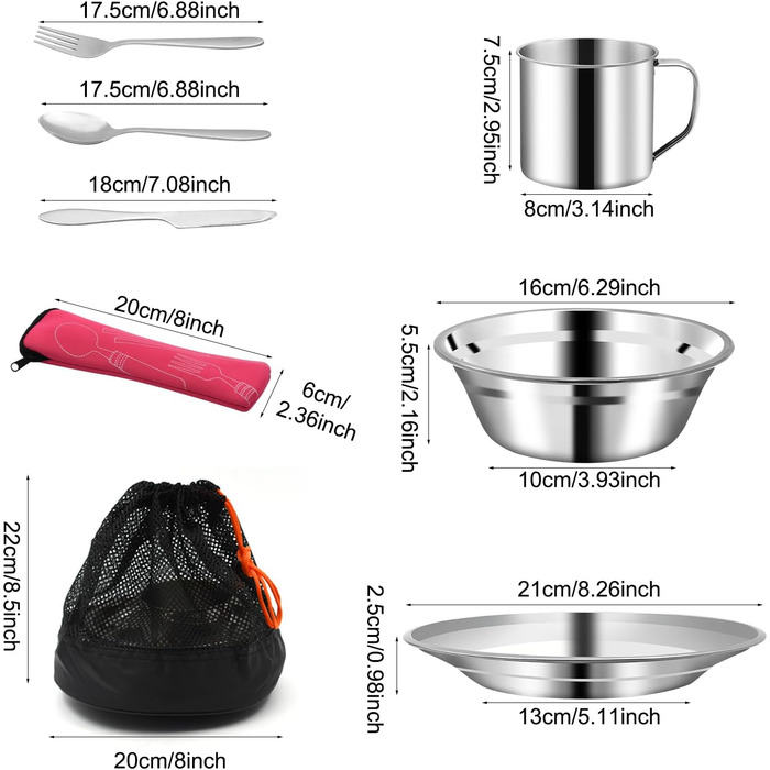 Набір столових приборів з нержавіючої сталі з 29 предметів миски, тарілки, чашки, виделки, ложки та ножі для 4 осіб, сріблястий