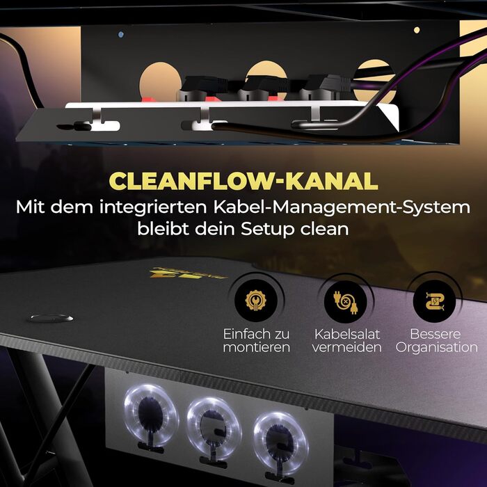 Ігровий стіл 160x70 Стіл з килимком для миші XXL та системою організації кабелів для ПК-геймерів Чорний 160x70x75