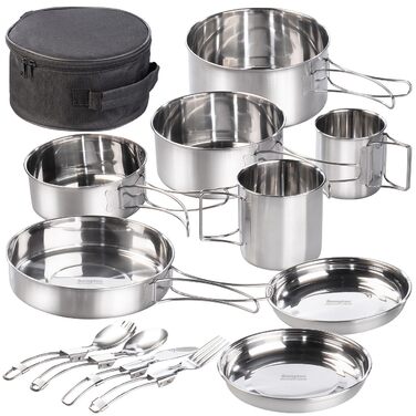 Набір посуду для виживання в міських умовах 12-частинний комплект з нержавіючої сталі для кемпінгу з приборами та сумкою (набір каструль, похідний кухонний набір, для газового пальника)