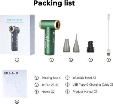 Електричний металевий пилосос Kica JetFan 2S - 117000 об./хв., міні-повітряний повітродувник з плавним керуванням і кнопкою Turbo, портативний розпилювач стисненого повітря для ПК, автомобіля, офісу, дивана - зелений (JetFan 2 Upgrade)