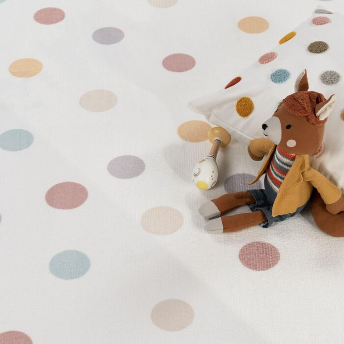 Килимок для повзання килимок для дитячої кімнати нековзний пухнасті крапки, що миється, колір синій жовтий крем, розмір 80x150 см