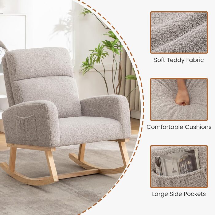 Крісло-гойдалка, крісло для годування, м&39яке крісло для годування з дерев&39яними ніжками та боковими кишенями, крісло-гойдалка з високою спинкою для годування грудьми у вітальні, спальні та дитячій кімнаті (світло-сірий ведмедик)