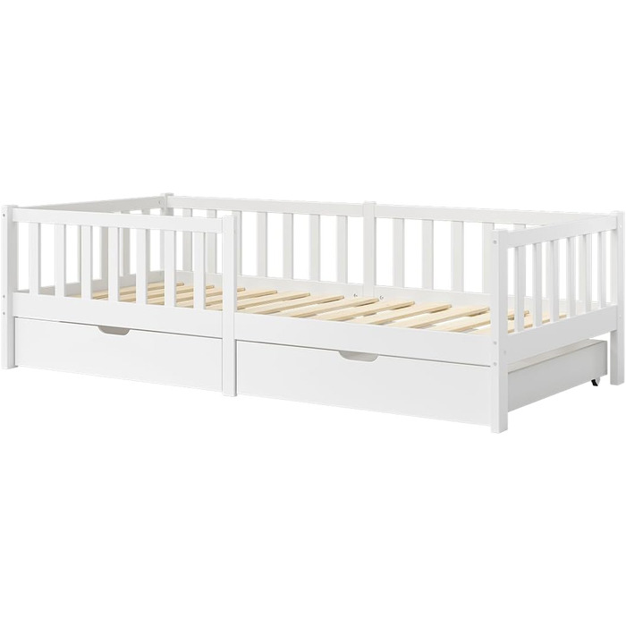 Дитяче ліжко Bellabino Vere 90x200 см Ліжко Монтессорі із захистом від падіння, рейковою основою та 2 шухлядами Дитяче ліжко з масиву сосни для хлопчиків та дівчаток Ліжко для малюків білого кольору з місцем для зберігання, біле 90x200 см з шухлядами, мат