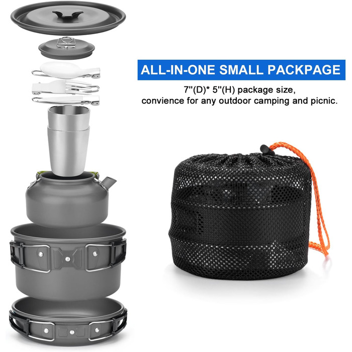 Набір посуду Odoland для 1-2 осіб, кухонний набір з портативною алюмінієвою каструлею, чайником, чашками, складними столовими приборами, для кемпінгу, пікніків на свіжому повітрі, походів, набір посуду для кемпінгу з 10 предметів