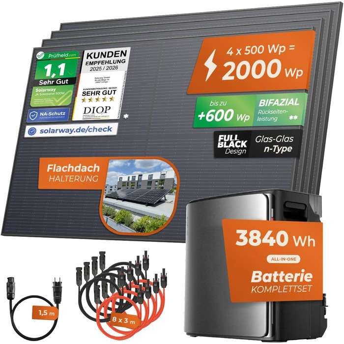 Балконна електростанція Solarway потужністю 2000 Вт / 800 Вт з накопичувачем EcoFlow STREAM Ultra X потужністю 3,8 кВтгод повний комплект із сонячними модулями потужністю 500 Вт, інвертором та аксесуарами міні-сонячна система Plug-and-Play для розеток Eco