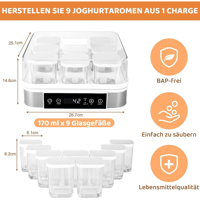 Йогуртниця, грецька йогуртниця з температурою і таймером, автоматична цифрова йогуртниця з 9 баночками, ідеально підходить для дом