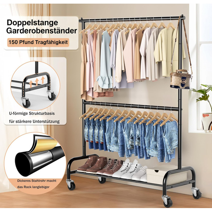 Міцна вішалка для одягу на колесах, подвійна металева вішалка для одягу, мобільна підставка для одягу, вішалка для шафи, регульована, чорна