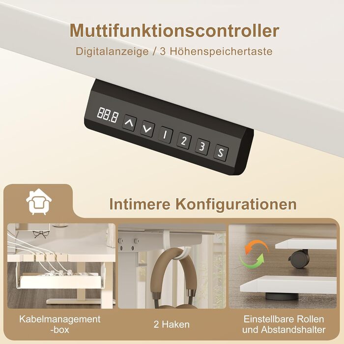 Г-подібний стіл з регульованою висотою, електричним керуванням та 3 налаштуваннями пам&39яті, кутовий стіл 160 x 140 см з органайзером для кабелів та гачками, ергономічний комп&39ютерний стіл, білий, 160 x 140 см