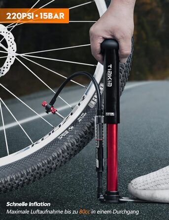 Велосипедний насос Tiakia з манометром, маленький велосипедний насос для всіх типів вентилів, алюмінієвий міні-насос для підлоги, портативний насос для шин для вентилів Schrader та Presta, для шосейних та гірських велосипедів, 220 PSI/15 BAR