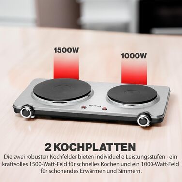 Подвійна конфорка Bomann з нержавіючої сталі Варильна поверхня з 2 варильними поверхнями 2500 Вт електрична варильна поверхня з ручками Cool Touch Варильні поверхні із захистом від перегріву DKP 5033 CB Одномісний