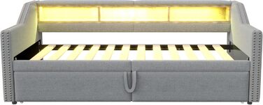 М&39яке ліжко, розкладне ліжко 90/180x200, кушетка/диван-ліжко зі світлодіодним підсвічуванням, USB-портом та відділенням для зберігання речей, односпальне/двоспальне ліжко, функціональний каркас ліжка з рейковою основою, лляне, без матраца, світло-сірий 