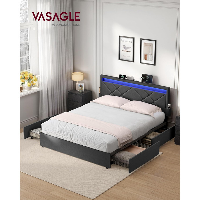 Каркас двоспального ліжка VASAGLE, Каркас ліжка, 180 x 200 см, LED, Металеве ліжко, 4 шухляди, Зарядна станція, Регульоване м&39яке узголів&39я, Темно-сірий RMB825GN02 Темно-сірий 180 x 200 см