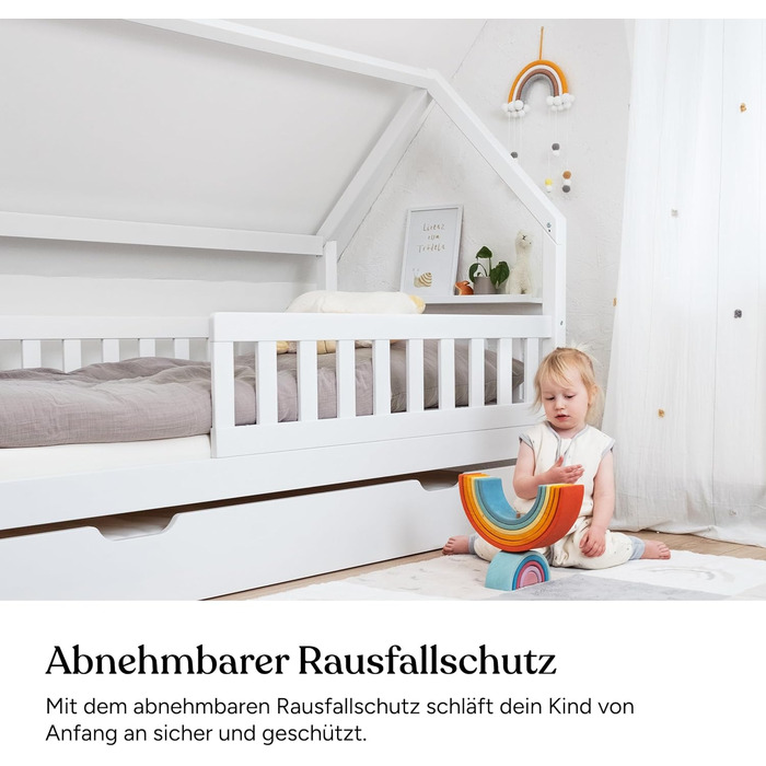 Ліжко Ehrenkind Lille House Дитяче ліжко зі знімними захисними поручнями з масиву дерева, сертифіковане FSC, включаючи шухляди Ліжко House 90x200 Дитяче ліжко 90x200 Біле 90 x 200 см з шухлядами