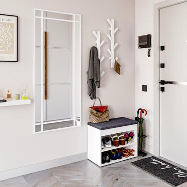 Лавка для взуття KOMTO з сидінням - Стелаж для взуття, лавка з місцем для зберігання, біла 60 x 48 x 32 см, Маленька шафка для взуття з лавкою, лавка для коридору, гардеробна лавка, Софія, біла Оббивка сіра 60 x 48 x 32 см