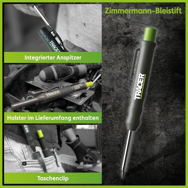 Набір будівельних маркерів Tracer з 5 предметів у футлярі для зберігання столярний олівець, 2 маркери з довгим наконечником, маркер, що не засмічується, та дозатор для змінних картриджів.