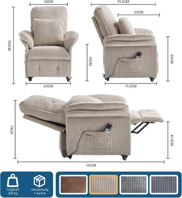 Моторне електричне крісло-реклайнер, крісло для телевізора з функцією відкидання, крісло для телевізора у вітальні з колесами, регульована спинка та підставка для ніг, 2 бічні кишені, вельветовий диван, бежевий, 2-
