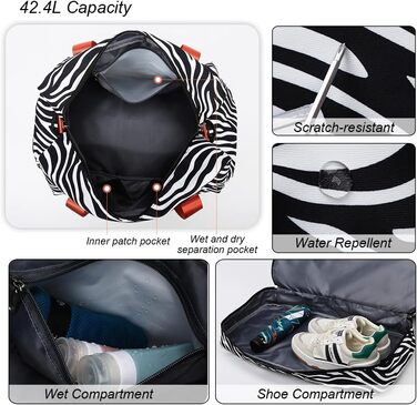 Жіноча спортивна сумка, дорожня сумка, 42,43 л, жіноча спортивна сумка для коротких поїздок з відділенням для взуття та відділенням для вологих речей, велика сумка на вихідні з зебровим та леопардовим принтом, водонепроникна, бежева, A