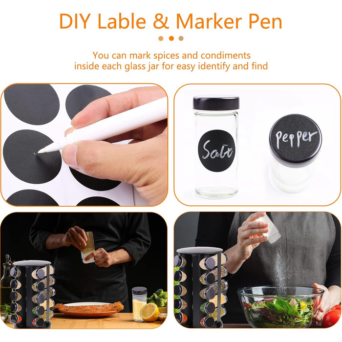 Поворотна на 360 підставка для спецій, чорна, органайзер для спецій, карусель для спецій з 20 банками для спецій, етикетками, ручкою, лійкою, кришками, підставками для спецій з нержавіючої сталі, зберігання спецій для кухонної стільниці