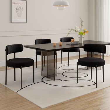 Обідні стільці, комплект з 4 шт. Круглі стільці з букле з тканини Teddy Кухонні стільці з м&39якою оббивкою в стилі середини століття Обідні стільці з металевими ніжками Чорний FU01031BL-4 Комплект з 4 чорних