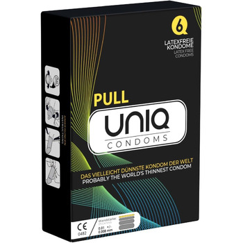 Презервативи UNIQ Pull - презервативи без латексу з язичком для відтягування - надзвичайно тонкі та чутливі, лише 0,08 мм - також підходять для використання з лубрикантами на масляній основі, 1 x 6 шт.